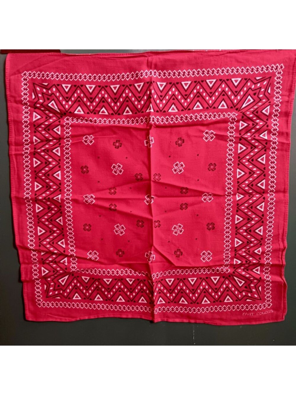 Fast Color Vintage Red Cotton Bandana Hanky 15x16" Geometric & Diamond Print